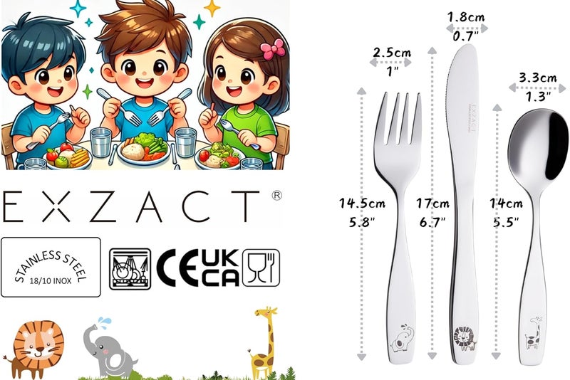 Exzact Kids Flatware 6pcs Toddler Utensils Children Silverware 18/10 Stainless Steel - Dishwasher Safe, 2 Years + (Safari) - Image 2